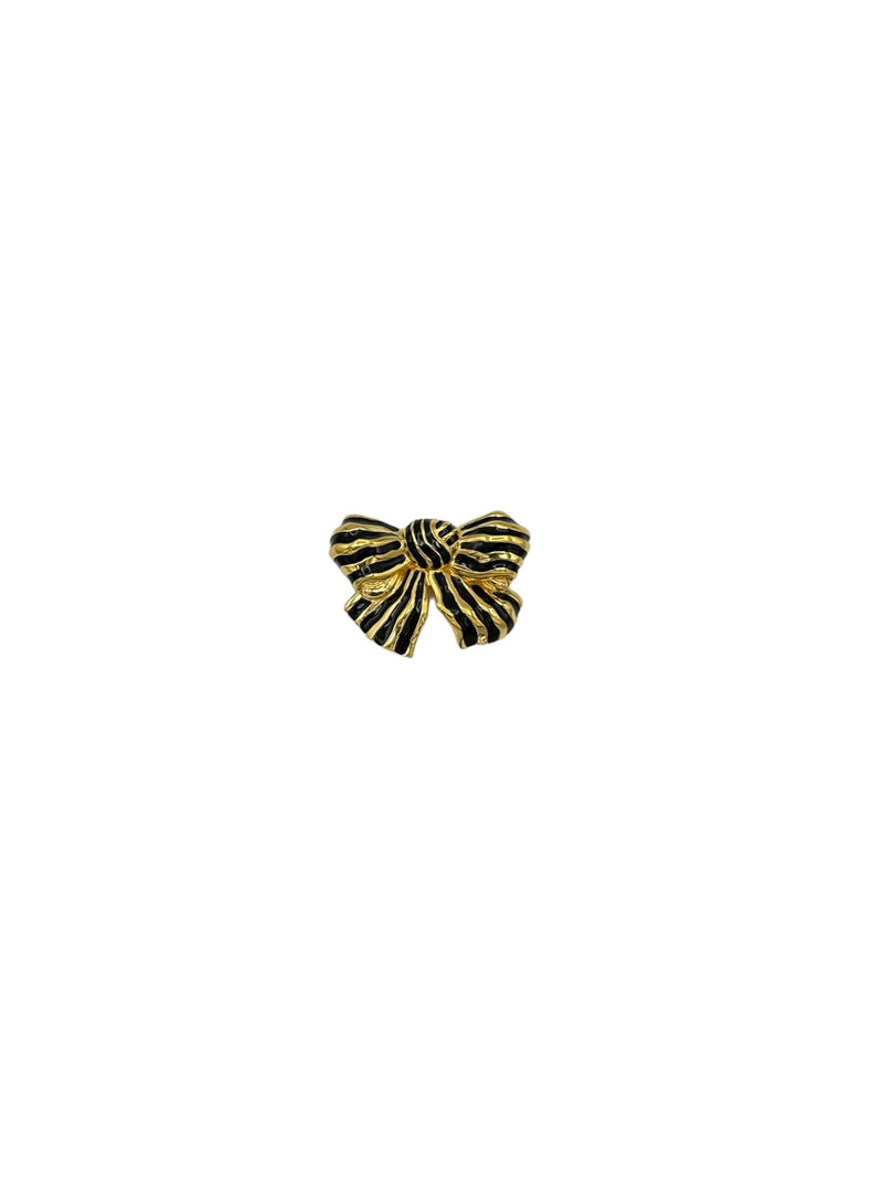 Gold Swarovski Black Enamel Bow Classic Brooch - 24 Wishes Vintage Jewelry