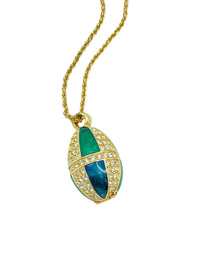 Gold Swarovski Blue and Green Enamel Faberge Egg Pendant - 24 Wishes Vintage Jewelry