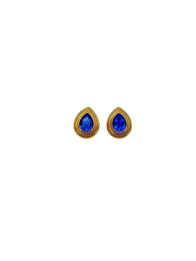 Gold Swarovski Blue Faceted Teardrop Crystal Rhinestone Pierced Earrings - 24 Wishes Vintage Jewelry
