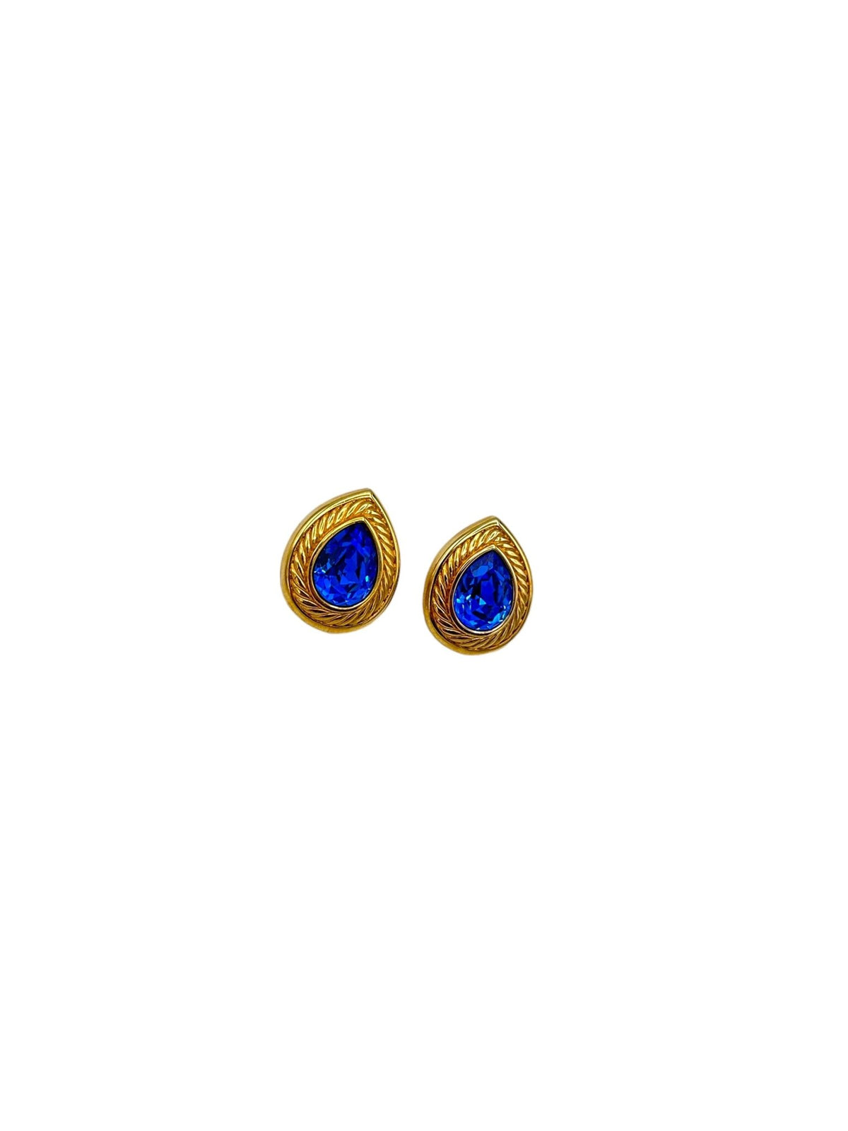 Gold Swarovski Blue Faceted Teardrop Crystal Rhinestone Pierced Earrings - 24 Wishes Vintage Jewelry