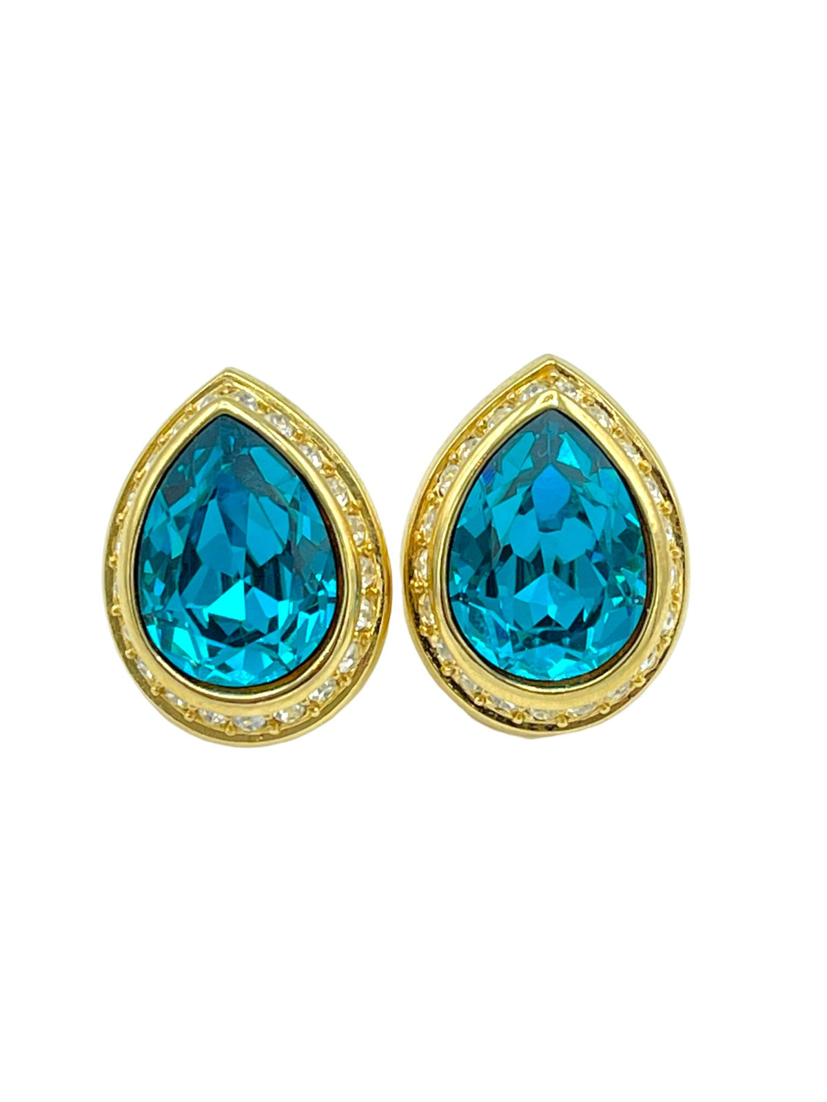Gold Swarovski Classic Blue Teardrop Crystal Pierced Earrings - 24 Wishes Vintage Jewelry