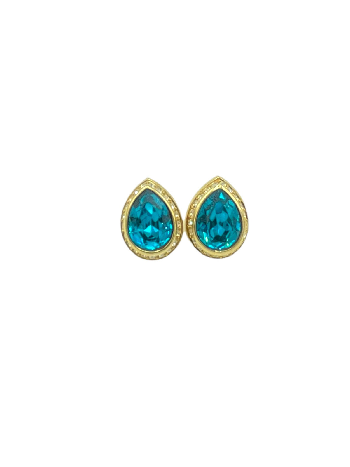 Gold Swarovski Classic Blue Teardrop Crystal Pierced Earrings - 24 Wishes Vintage Jewelry