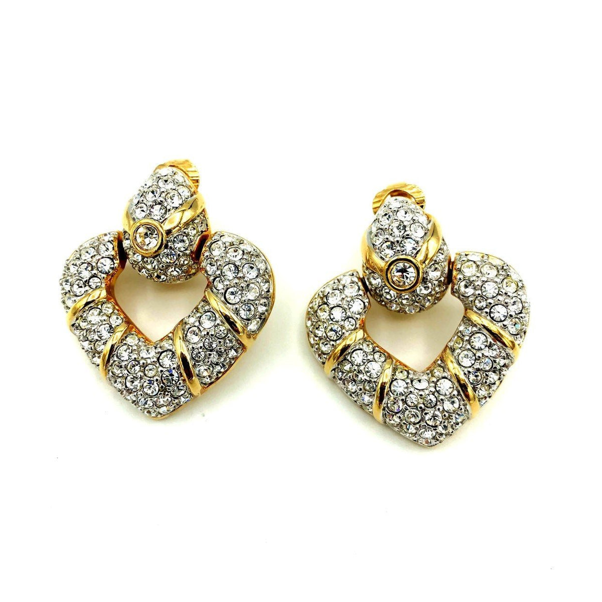 Gold Swarovski Clear Crystal Rhinestone Heart Door Knocker Clip-On Earrings - 24 Wishes Vintage Jewelry