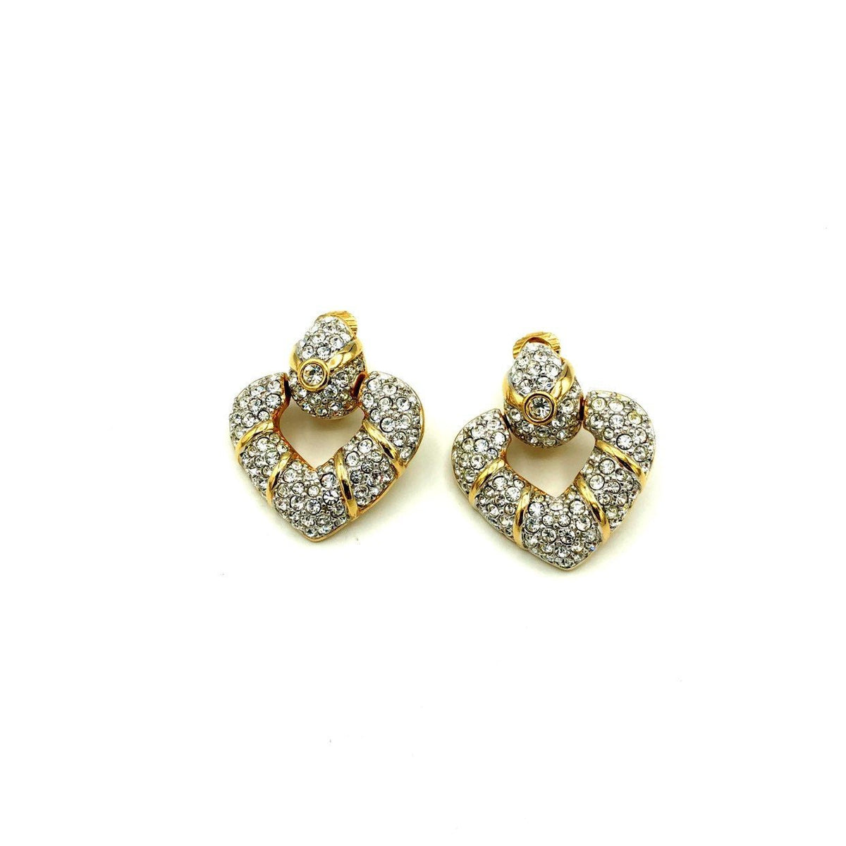 Gold Swarovski Clear Crystal Rhinestone Heart Door Knocker Clip-On Earrings - 24 Wishes Vintage Jewelry