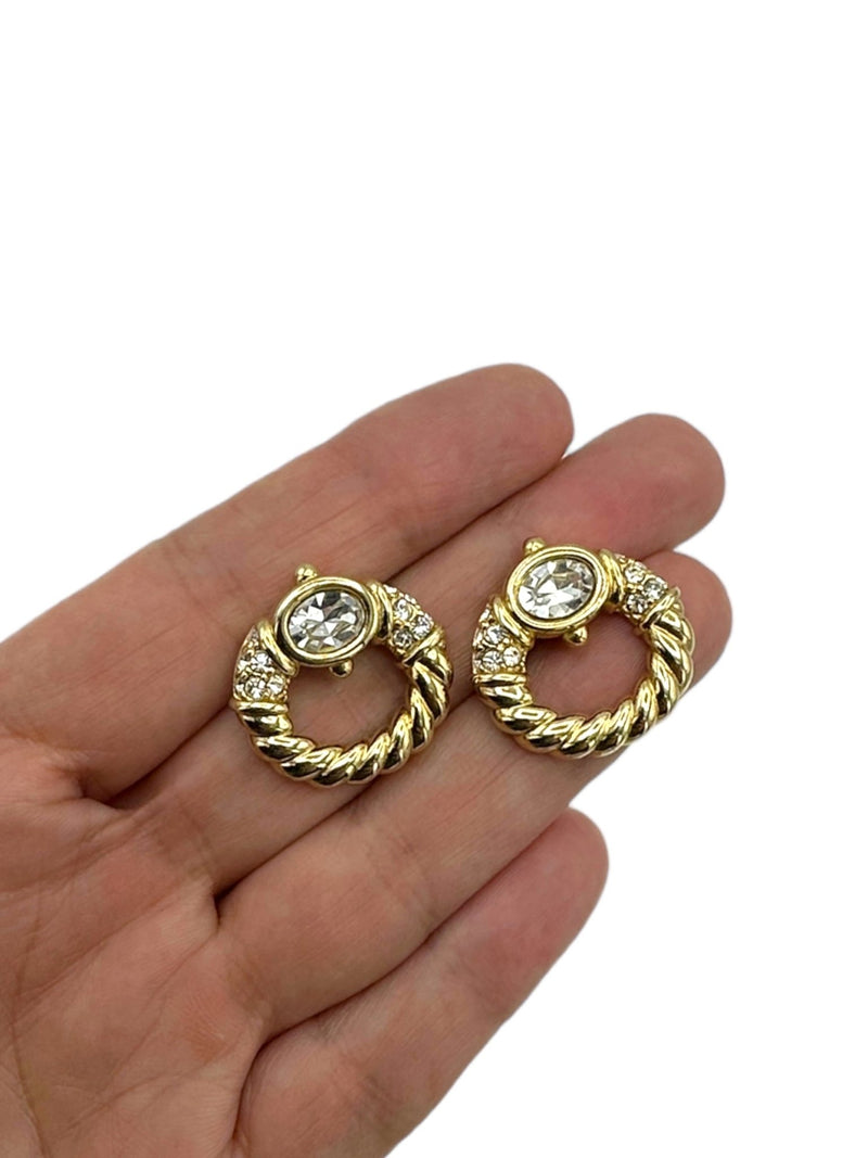Gold Swarovski Clear Crystal Rhinestone Pierced Earrings - 24 Wishes Vintage Jewelry