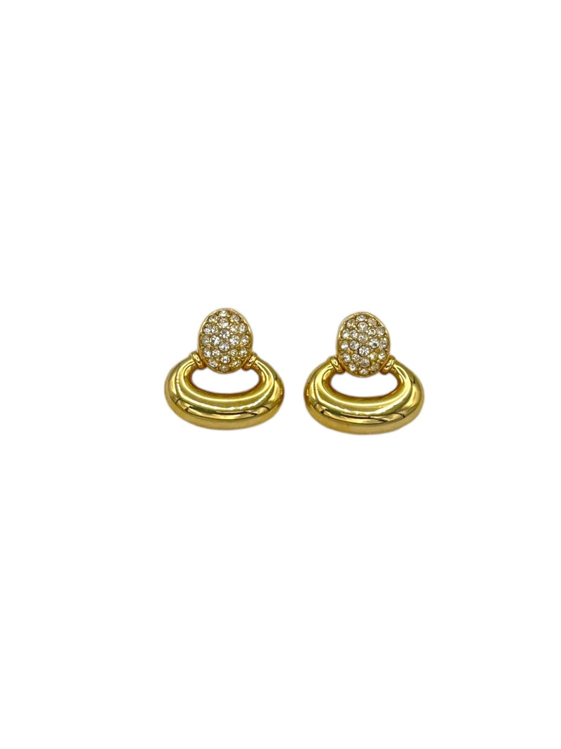 Gold Swarovski Door Knocker Clear Crystal Pierced Earrings - 24 Wishes Vintage Jewelry