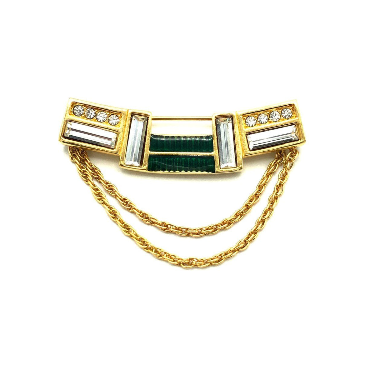 Gold Swarovski Geometric Green Enamel Rhinestone Brooch - 24 Wishes Vintage Jewelry