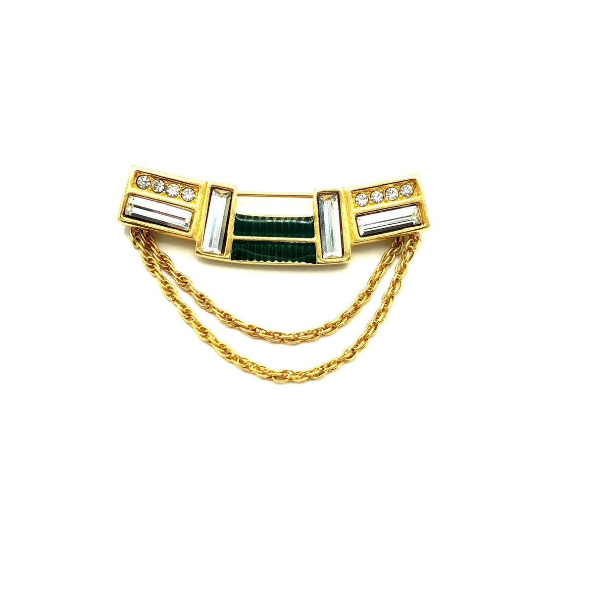 Gold Swarovski Geometric Green Enamel Rhinestone Brooch - 24 Wishes Vintage Jewelry