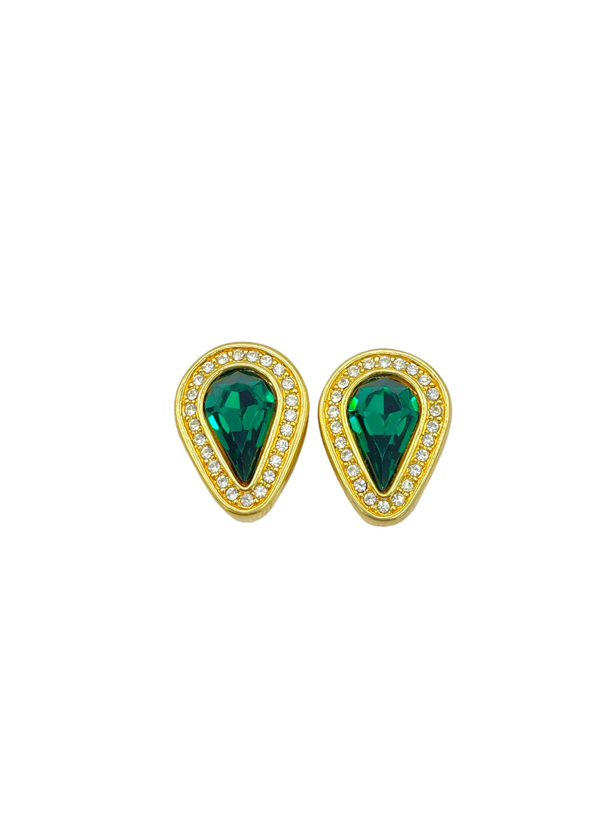 Gold Swarovski Green Crystal Vintage Clip-On Earrings - 24 Wishes Vintage Jewelry