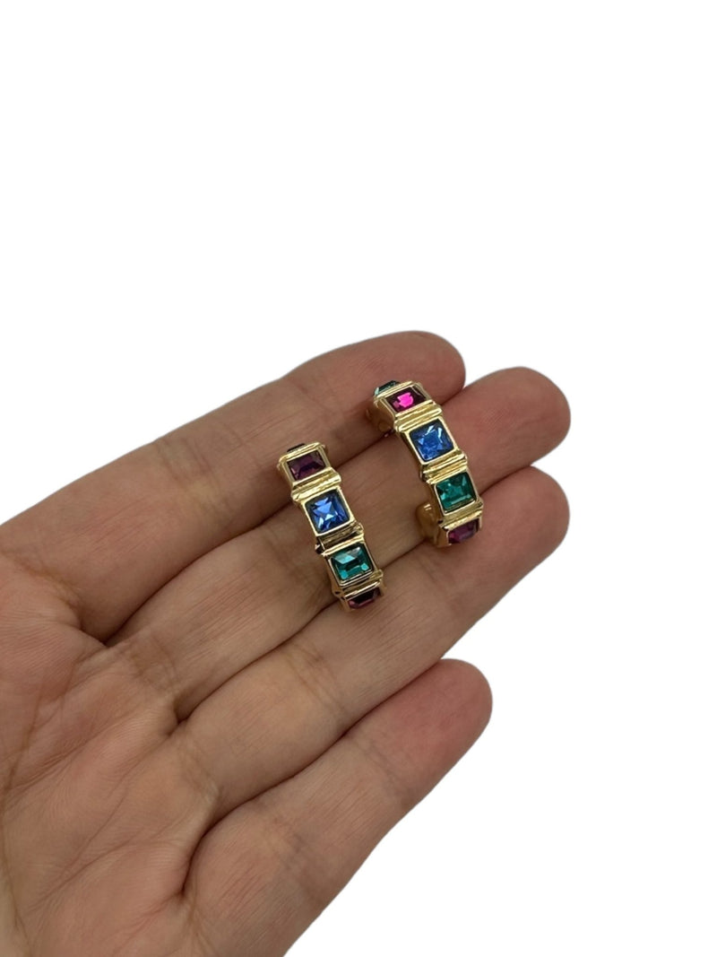 Gold Swarovski Jewel Color Crystal Rhinestone Pierced Hoop Earrings - 24 Wishes Vintage Jewelry