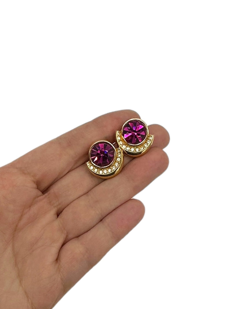 Gold Swarovski Pink Faceted Round Crystal Rhinestone Pierced Earrings - 24 Wishes Vintage Jewelry