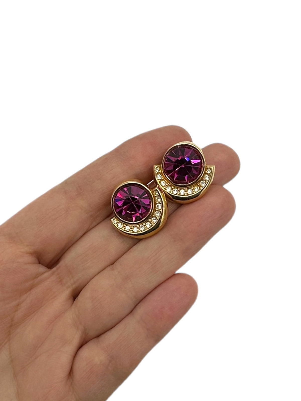 Gold Swarovski Pink Faceted Round Crystal Rhinestone Pierced Earrings - 24 Wishes Vintage Jewelry