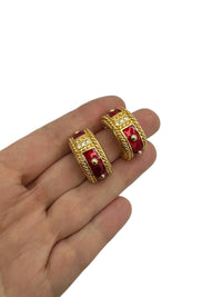 Gold Swarovski Red Enamel Etruscan Pierced Chunky Hoop Earrings - 24 Wishes Vintage Jewelry