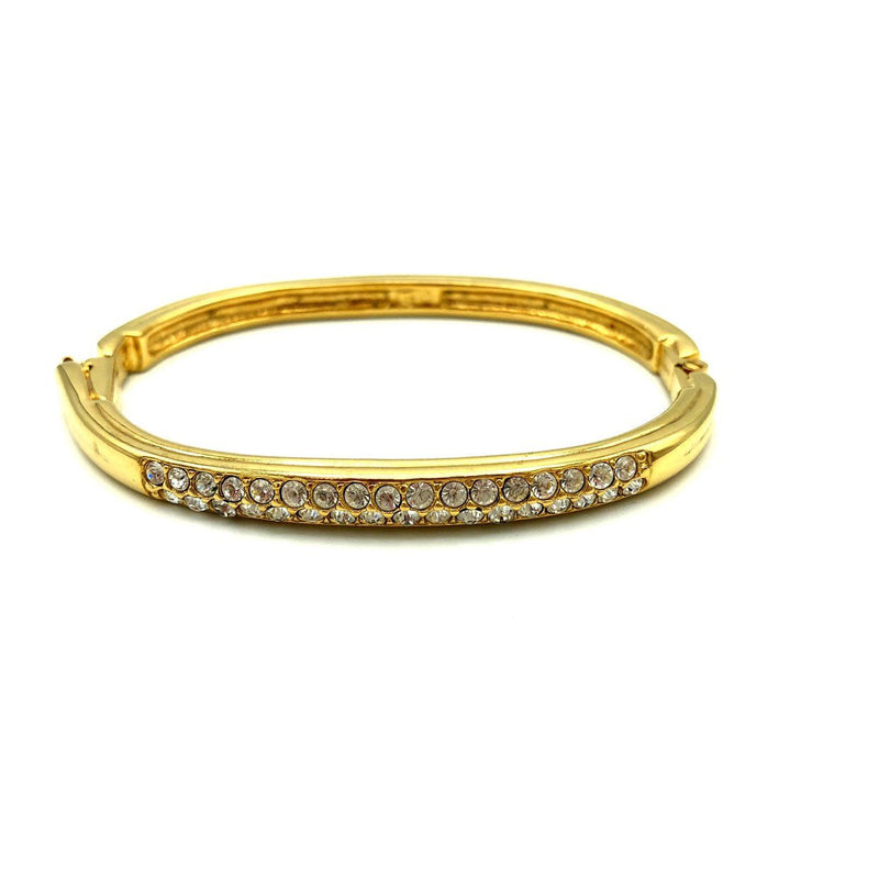 Gold Swarovski White Crystal Hinged Bangle Bracelet - 24 Wishes Vintage Jewelry
