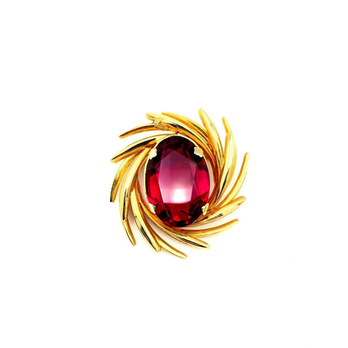 Gold Swirl Large Ruby Red Pink Vintage Brooch Pin - 24 Wishes Vintage Jewelry