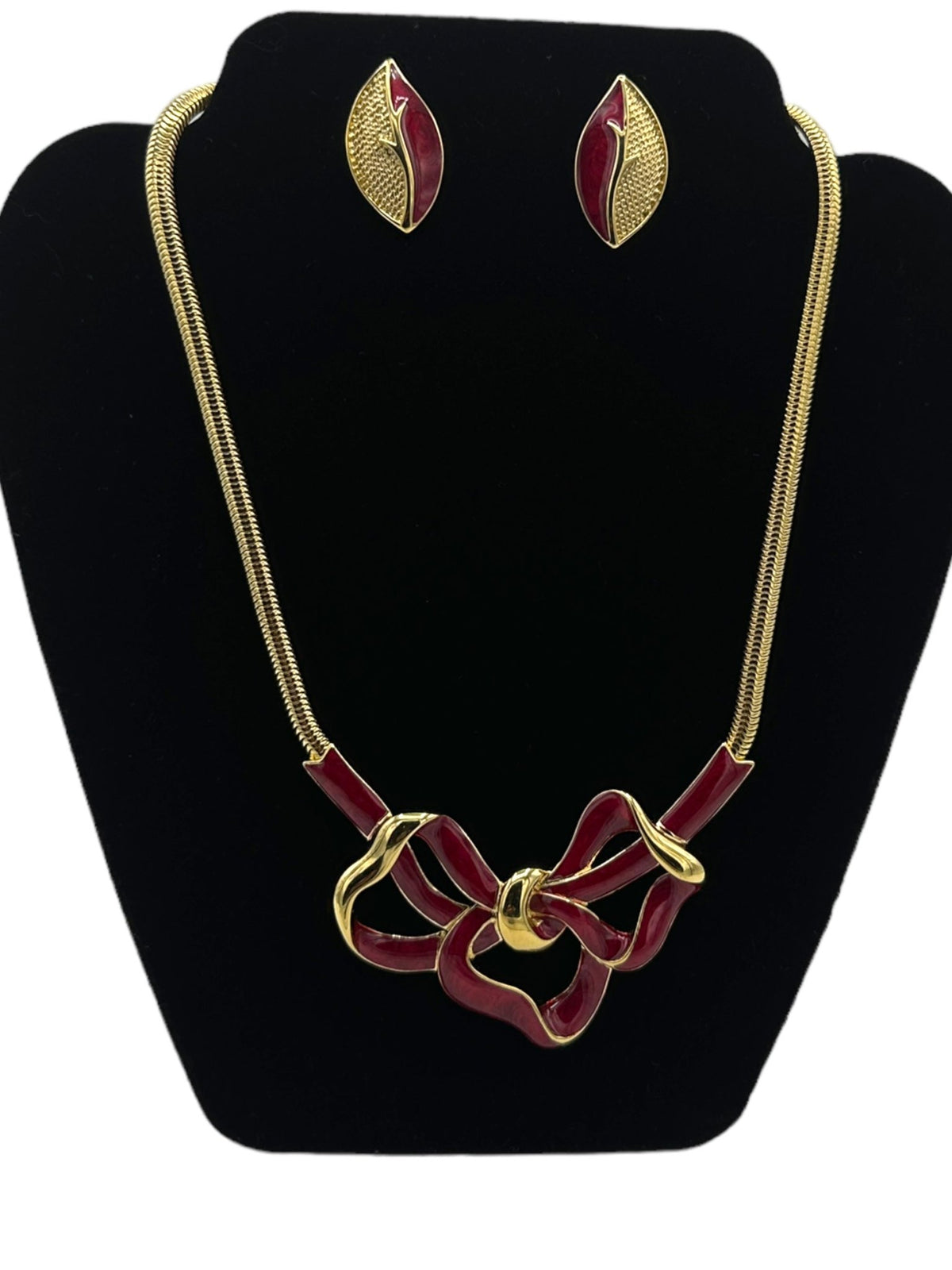 Gold Trifari Large Red Enamel Bow Pendant & Pierced Earrings Jewelry Set - 24 Wishes Vintage Jewelry