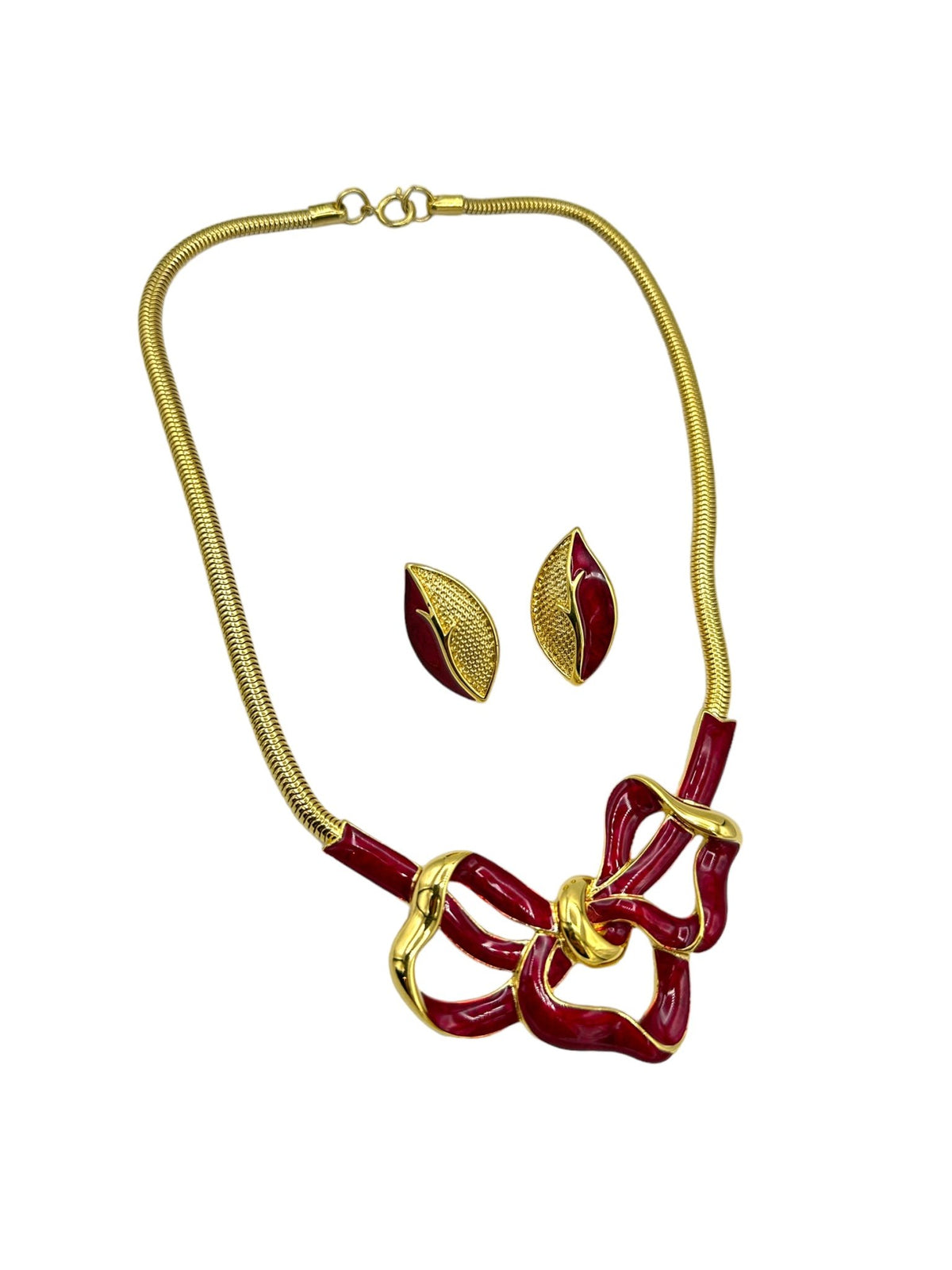 Gold Trifari Large Red Enamel Bow Pendant & Pierced Earrings Jewelry Set - 24 Wishes Vintage Jewelry