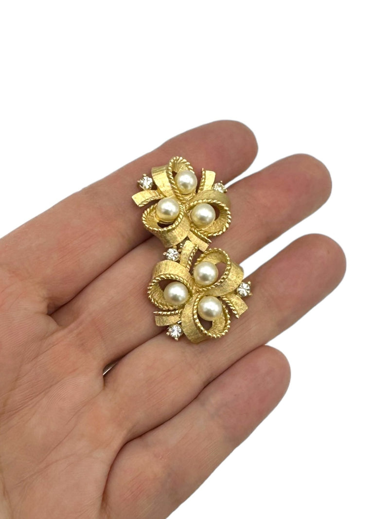 Gold Trifari Ribbon Bow Pearl & Rhinestone Vintage Clip-on Earrings - 24 Wishes Vintage Jewelry