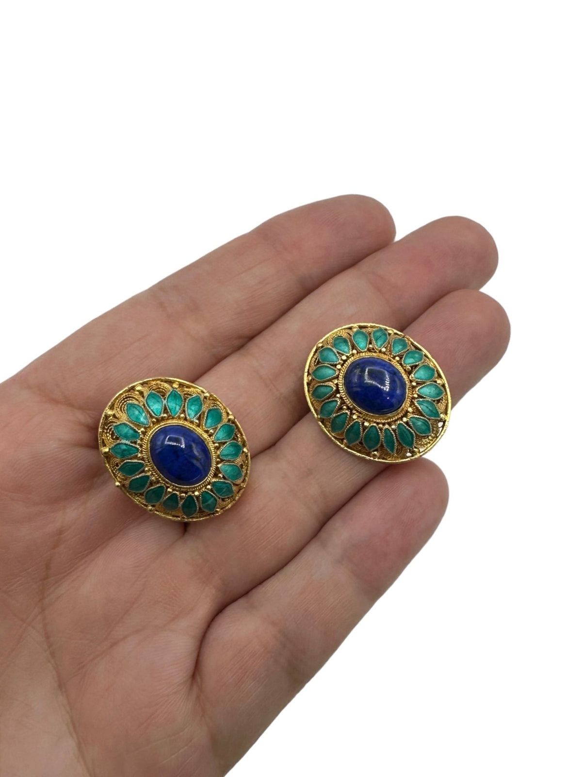 Gold Vermeil Oval Filigree Blue Enamel Statement Clip-On Earrings - 24 Wishes Vintage Jewelry