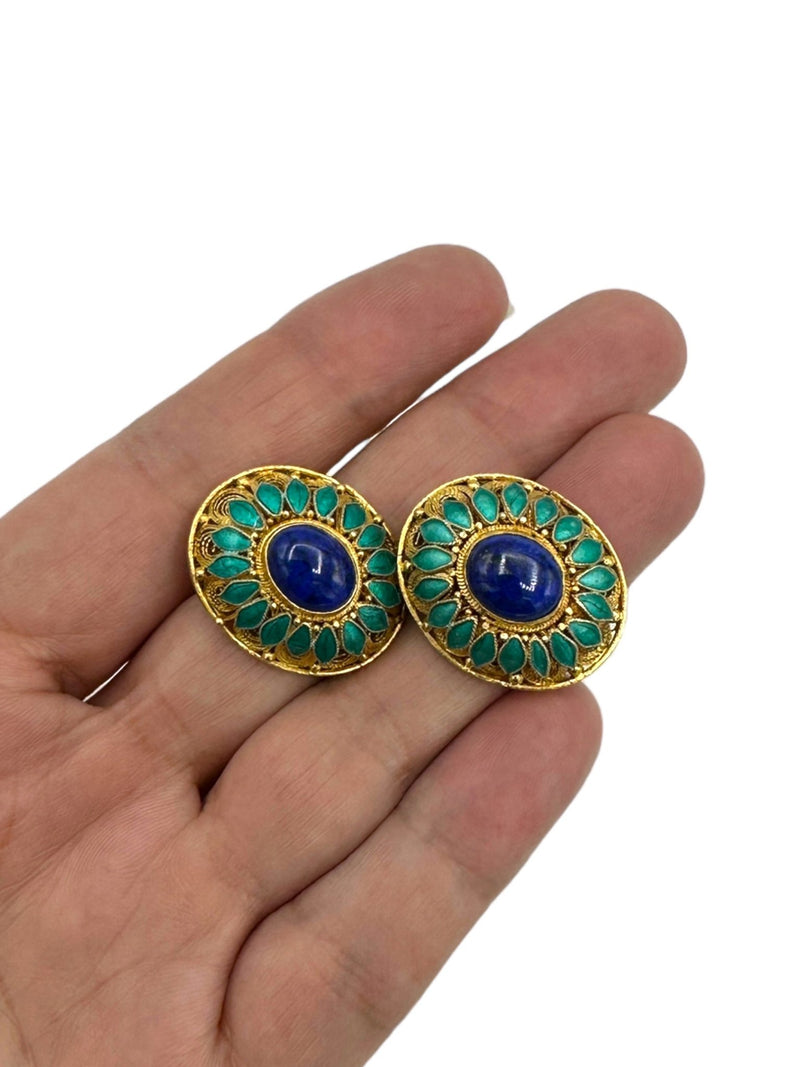 Gold Vermeil Oval Filigree Blue Enamel Statement Clip-On Earrings - 24 Wishes Vintage Jewelry