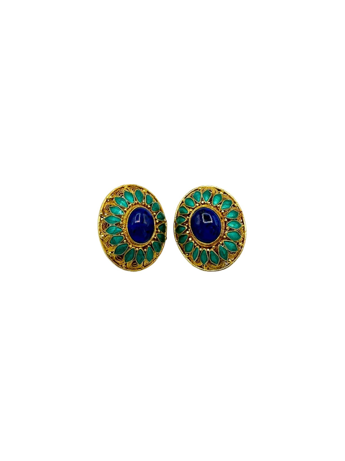 Gold Vermeil Oval Filigree Blue Enamel Statement Clip-On Earrings - 24 Wishes Vintage Jewelry