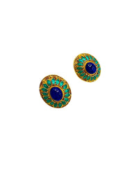 Gold Vermeil Oval Filigree Blue Enamel Statement Clip-On Earrings - 24 Wishes Vintage Jewelry