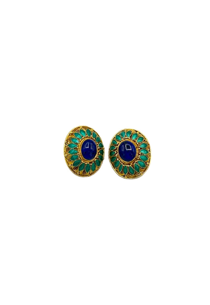 Gold Vermeil Oval Filigree Blue Enamel Statement Clip-On Earrings - 24 Wishes Vintage Jewelry