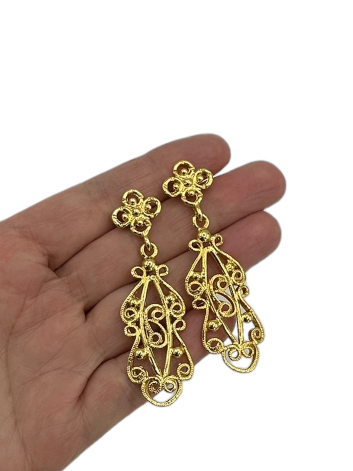 Gold Victorian Revival Filigree Dangle Vintage Pierced Earrings - 24 Wishes Vintage Jewelry