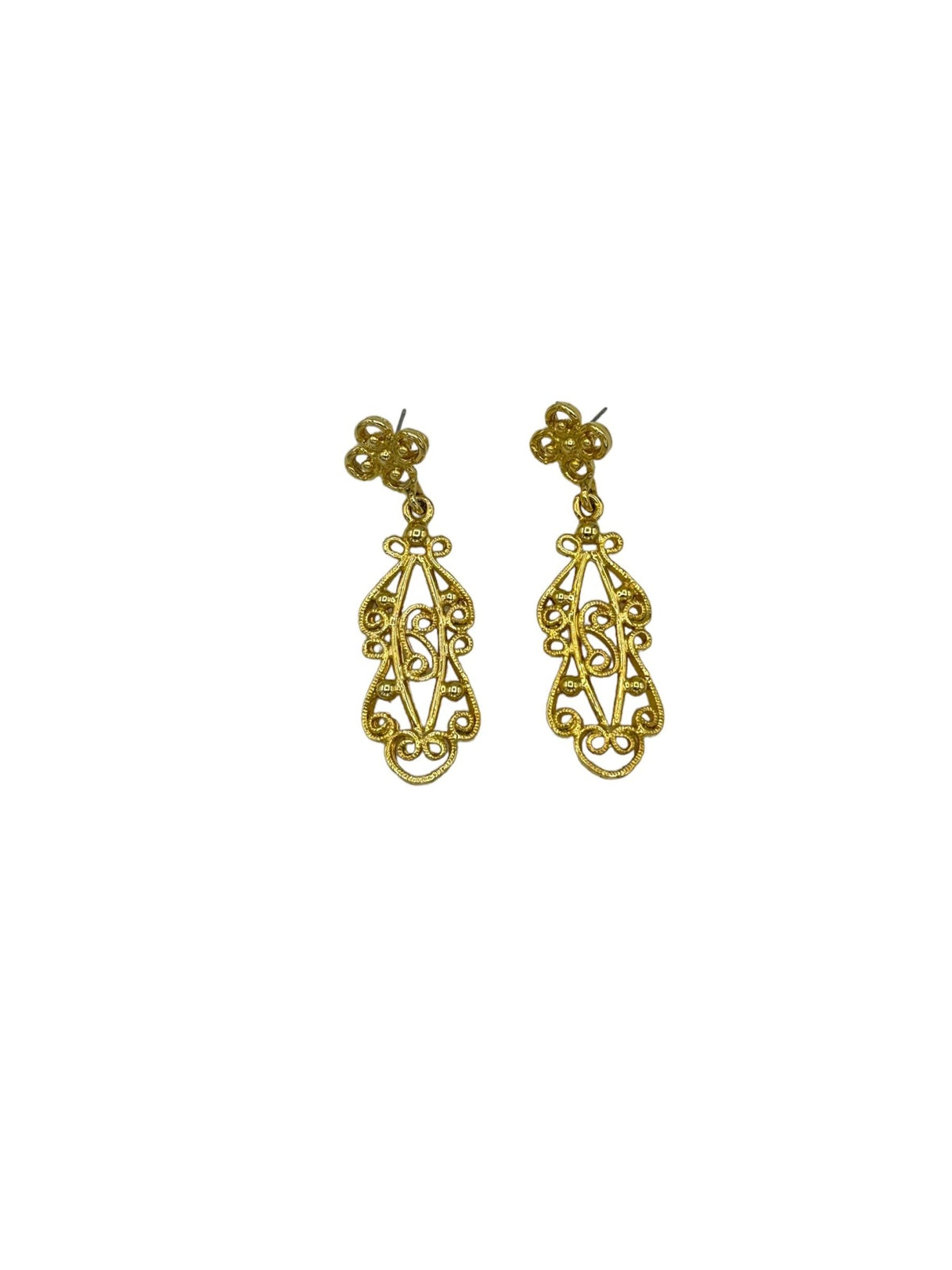 Gold Victorian Revival Filigree Dangle Vintage Pierced Earrings - 24 Wishes Vintage Jewelry