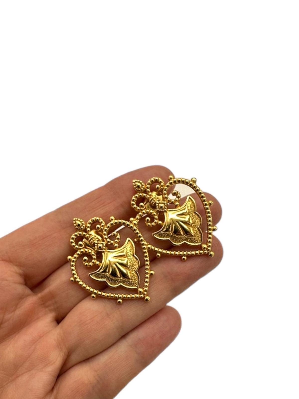 Gold Victorian Revival Heart Vintage Pierced Earrings - 24 Wishes Vintage Jewelry