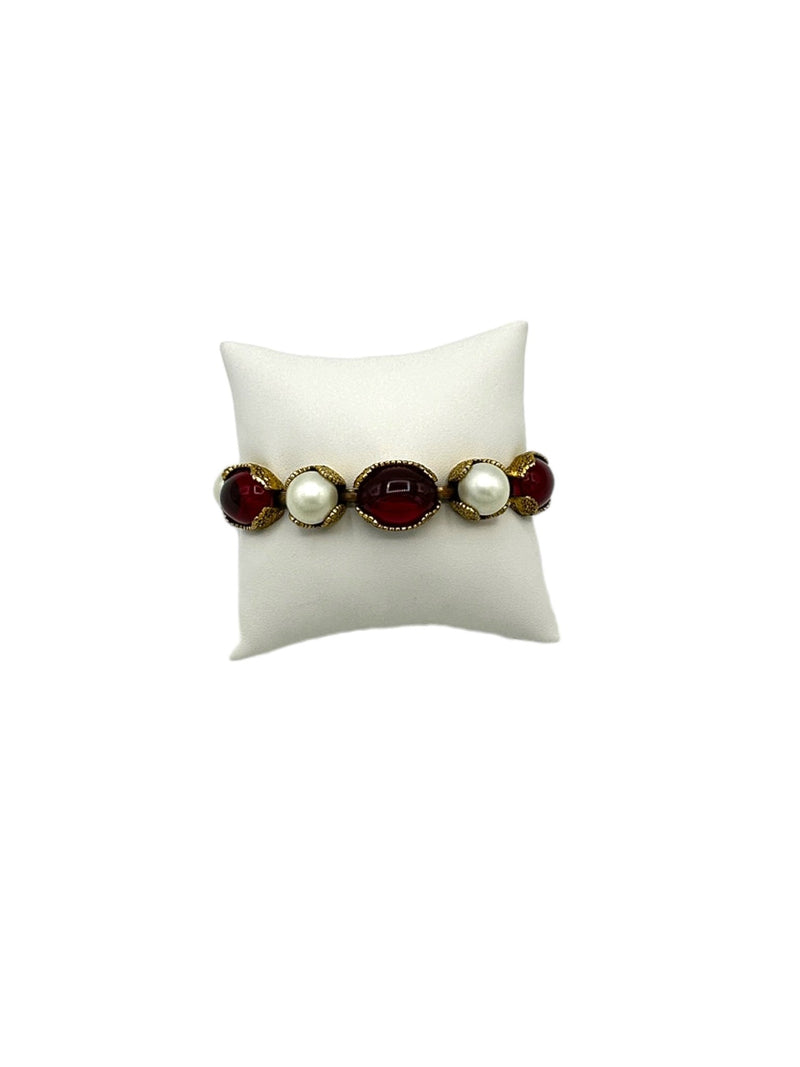 Gold Victorian Revival Red Cabochon & Pearl Bracelet - 24 Wishes Vintage Jewelry