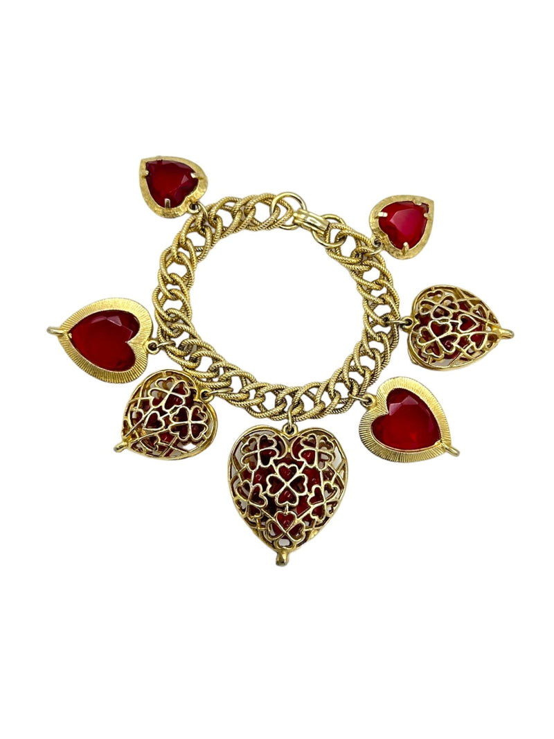Gold Vintage Red Caged Bead Puffy Heart Charm Bracelet - 24 Wishes Vintage Jewelry