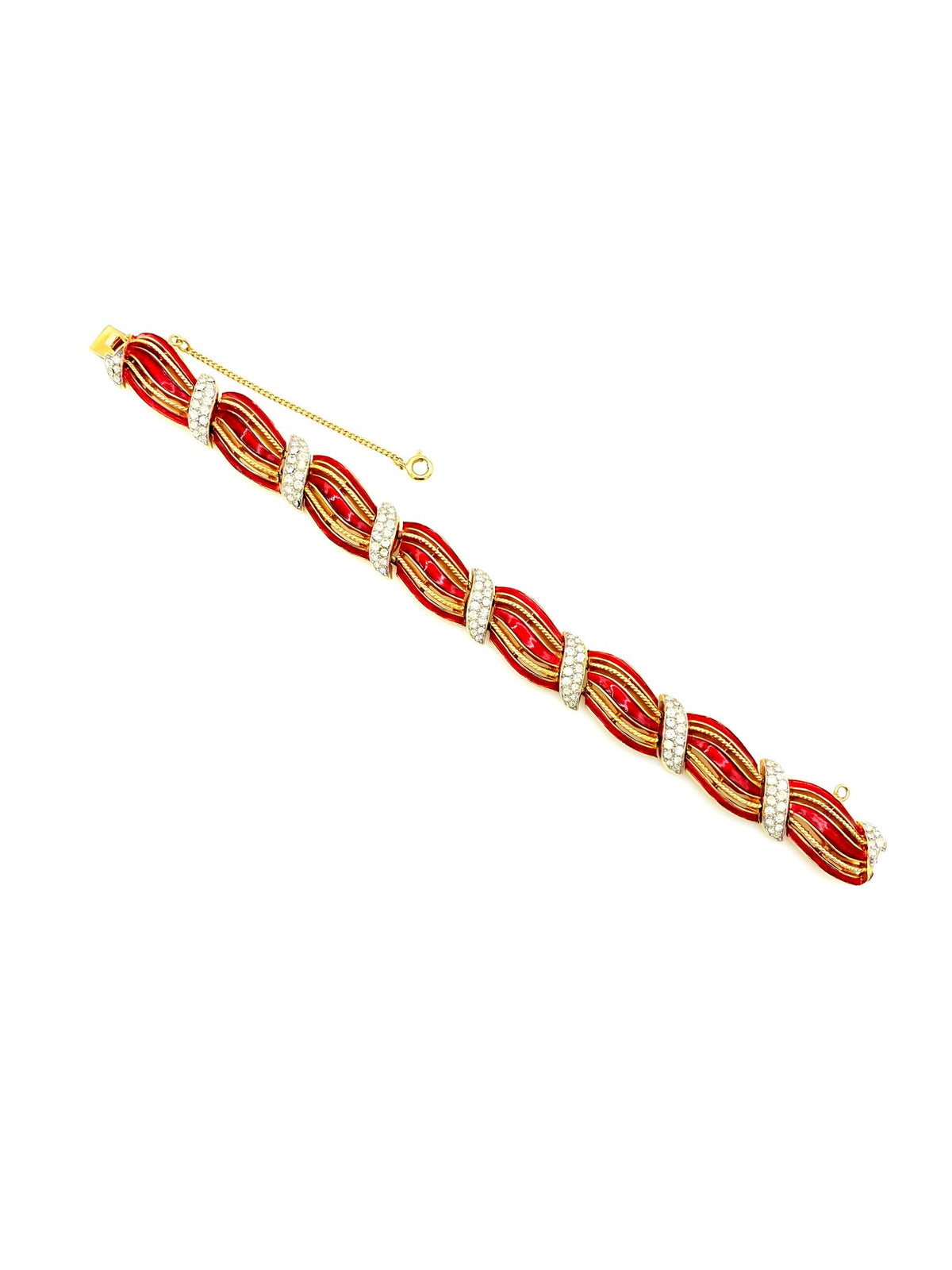 Gold Vintage Trifari Red Enamel Bow Rope Bracelet - 24 Wishes Vintage Jewelry