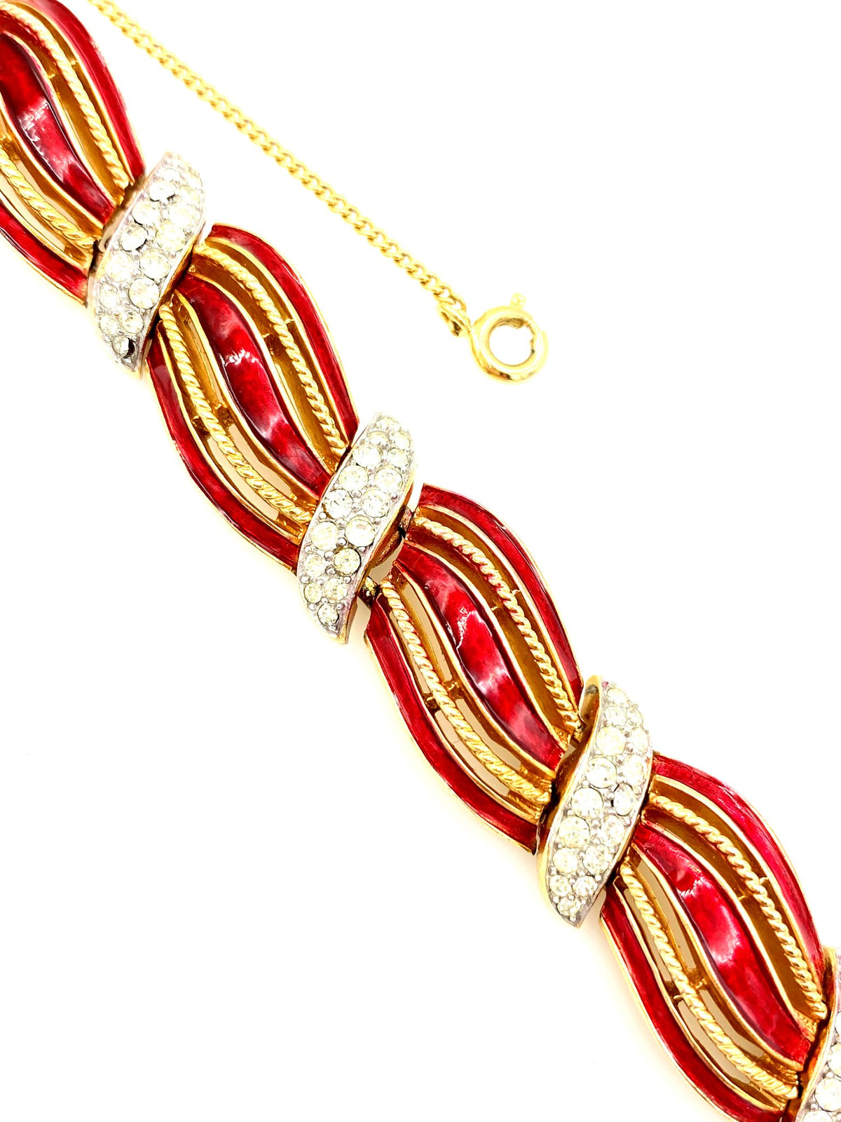 Gold Vintage Trifari Red Enamel Bow Rope Bracelet - 24 Wishes Vintage Jewelry