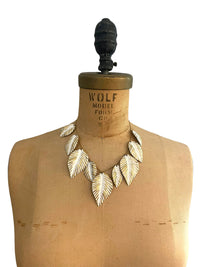 Gold & White Enamel Napier Leaf Pendant - 24 Wishes Vintage Jewelry