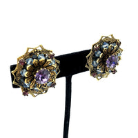 Hattie Carnegie Amethyst Purple Layered Vintage Cluster Clip-On Earrings - 24 Wishes Vintage Jewelry