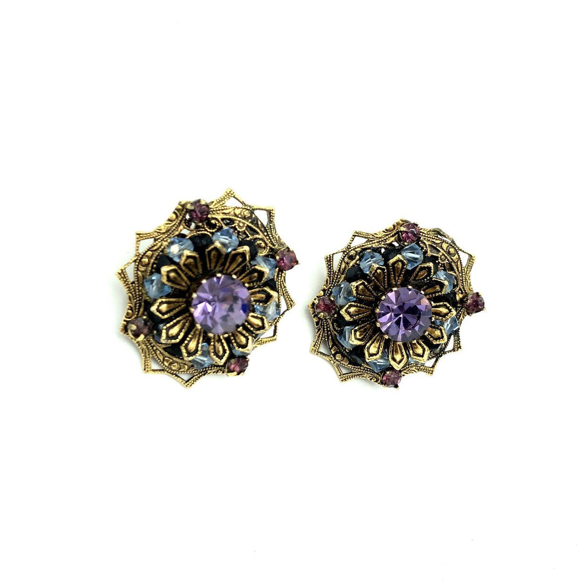 Hattie Carnegie Amethyst Purple Layered Vintage Cluster Clip-On Earrings - 24 Wishes Vintage Jewelry