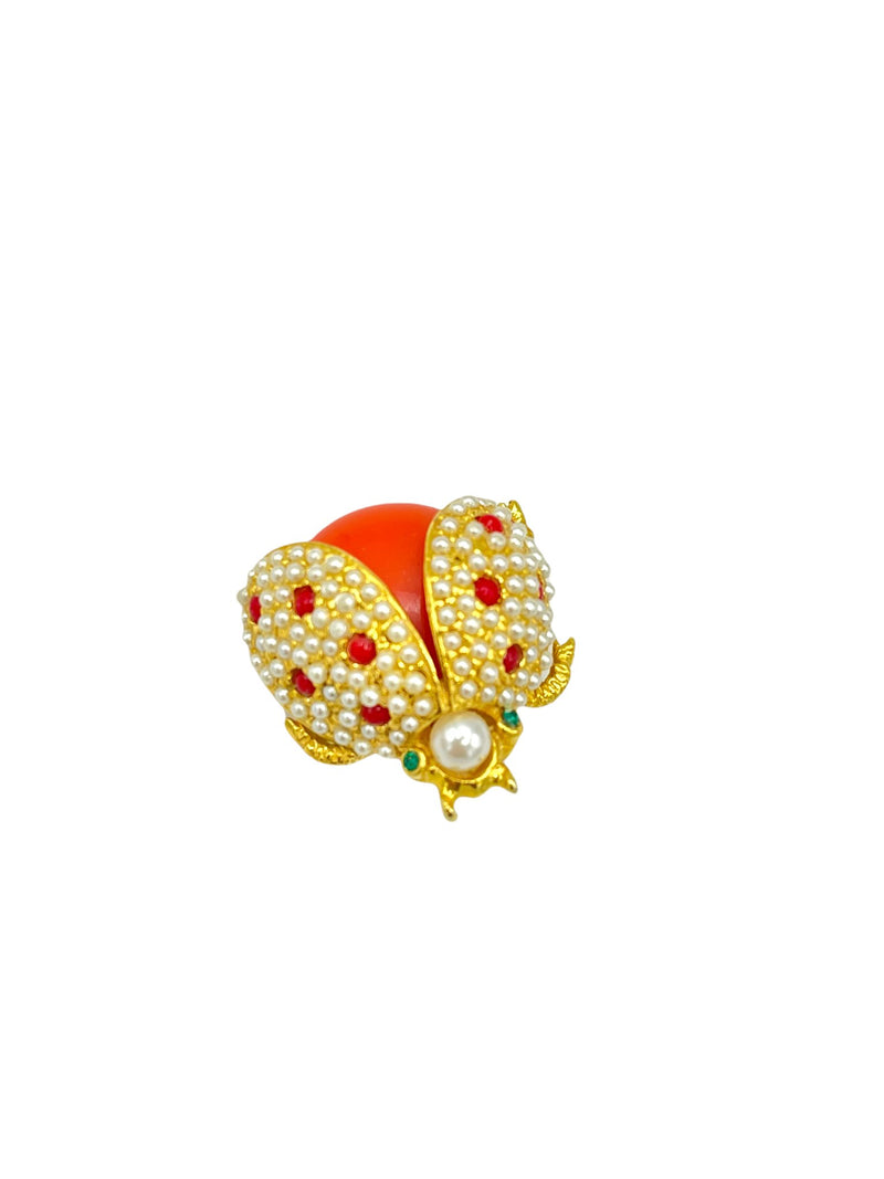 Hattie Carnegie Coral Pearl Ladybug Brooch - 24 Wishes Vintage Jewelry