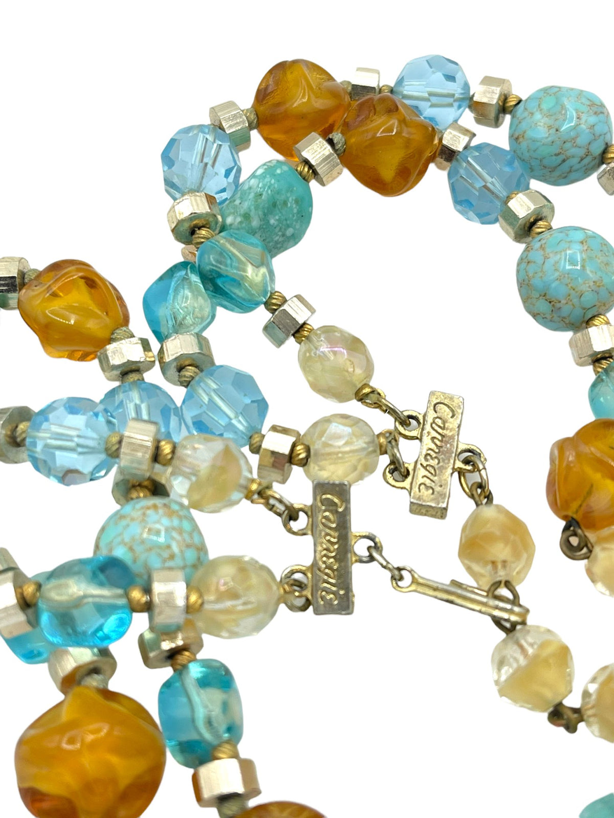 Hattie Carnegie Multi-Strand Blue and Brown Glass Bead Necklace - 24 Wishes Vintage Jewelry