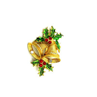 Holiday Gold Bell & Holly Rhinestone Vintage Brooch - 24 Wishes Vintage Jewelry