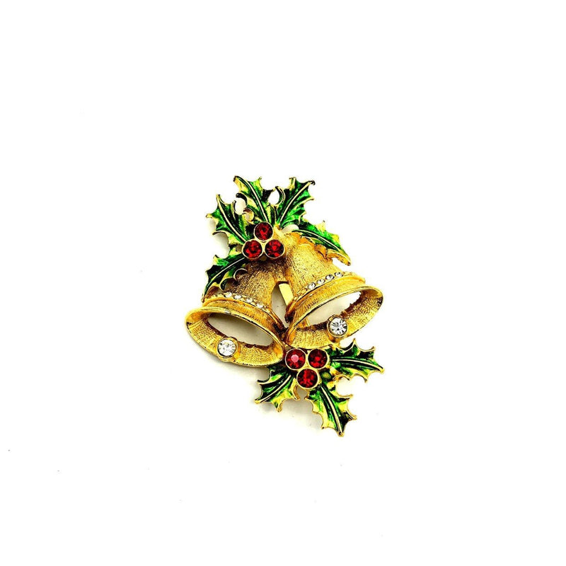 Holiday Gold Bell & Holly Rhinestone Vintage Brooch - 24 Wishes Vintage Jewelry