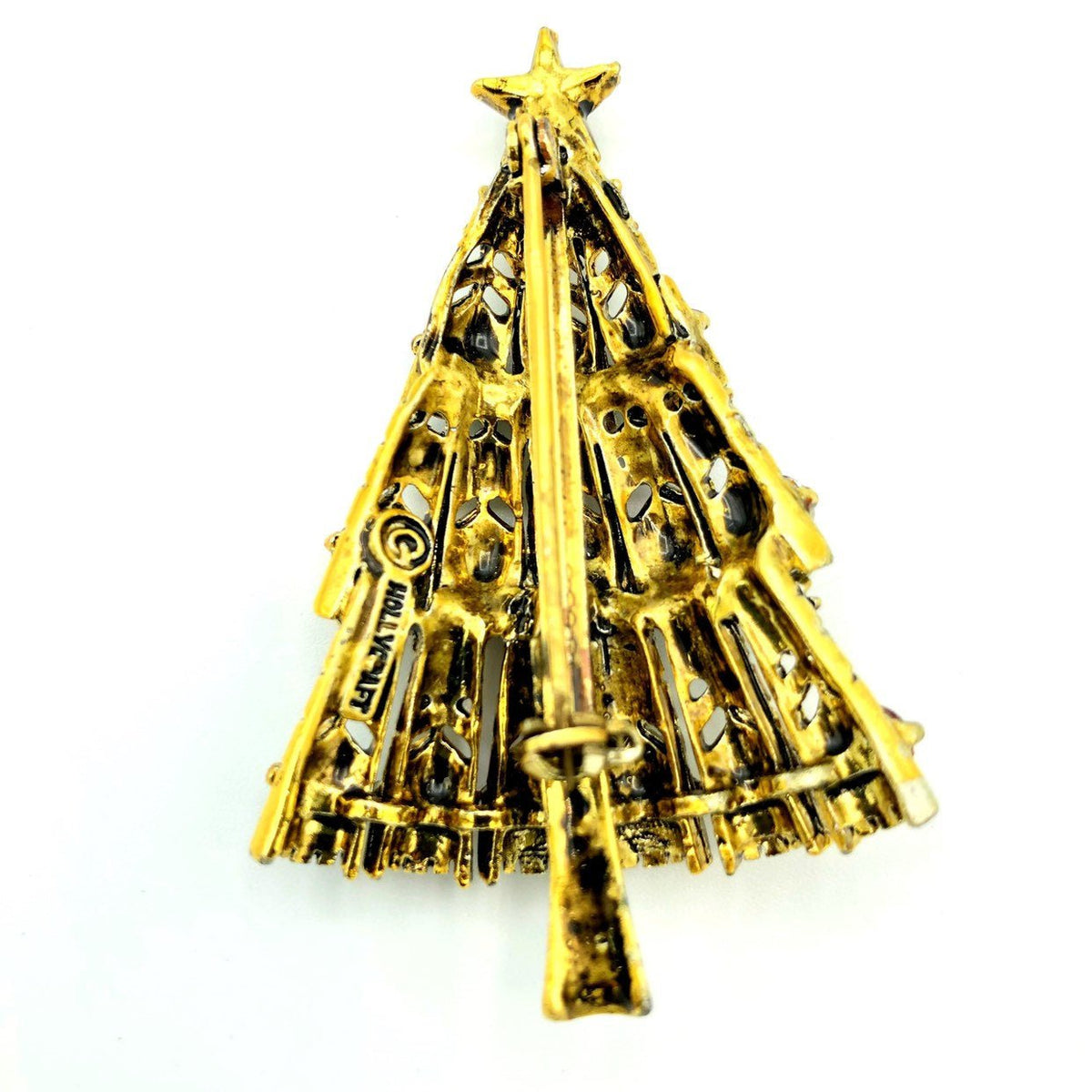Hollycraft Layered Rhinestone Christmas Tree Brooch - 24 Wishes Vintage Jewelry