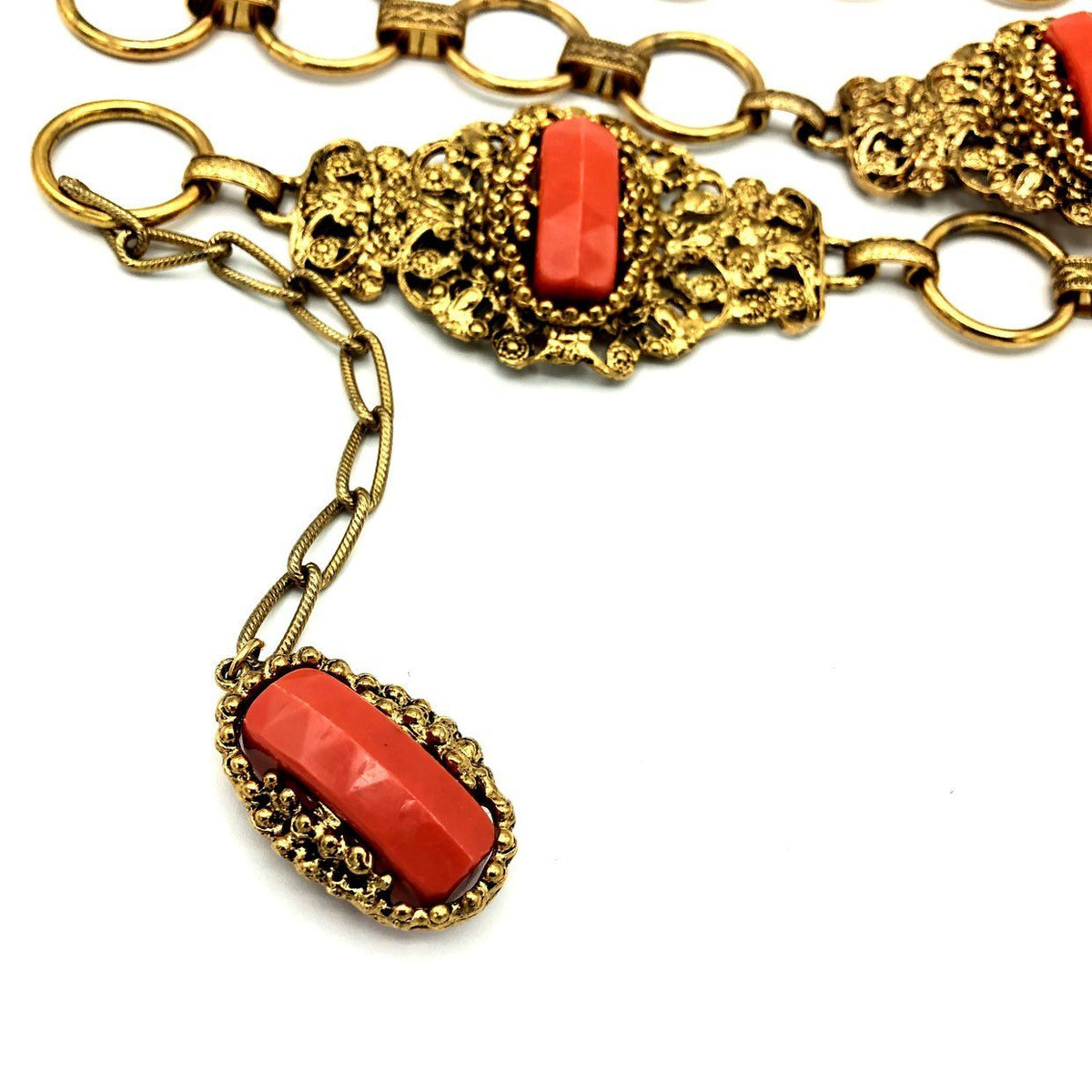 Hollycraft Victorian Revival Coral Belt Gold Vintage Belt - 24 Wishes Vintage Jewelry