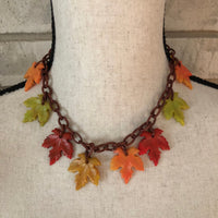 Vintage Art Deco Orange Green Leaf Charm Necklace-Necklaces & Pendants-24 Wishes