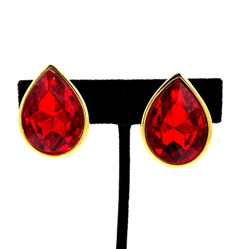 Ginnie Johansen Red Ruby Teardrop Clip-On Earrings-Sustainable Fashion with Vintage Style-Trending Designer Fashion-24 Wishes
