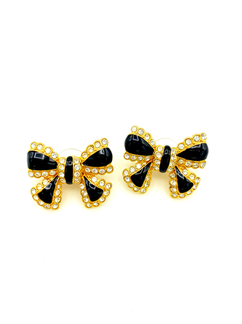 Joan Rivers Enamel & Rhinestone Bow Vintage Pierced Earrings