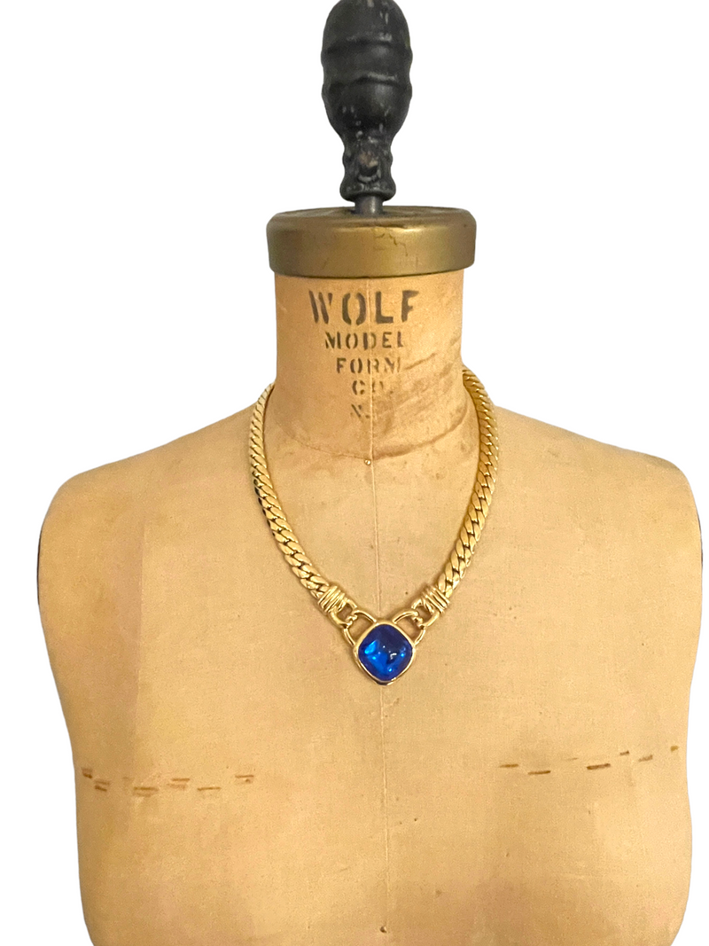Trifari Gold Necklace with Large Blue Cabochon Pendant