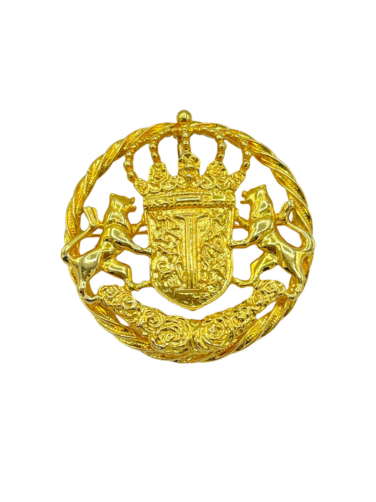 Ivana Gold Round Heraldic Crown Shield Vintage Brooch - 24 Wishes Vintage Jewelry