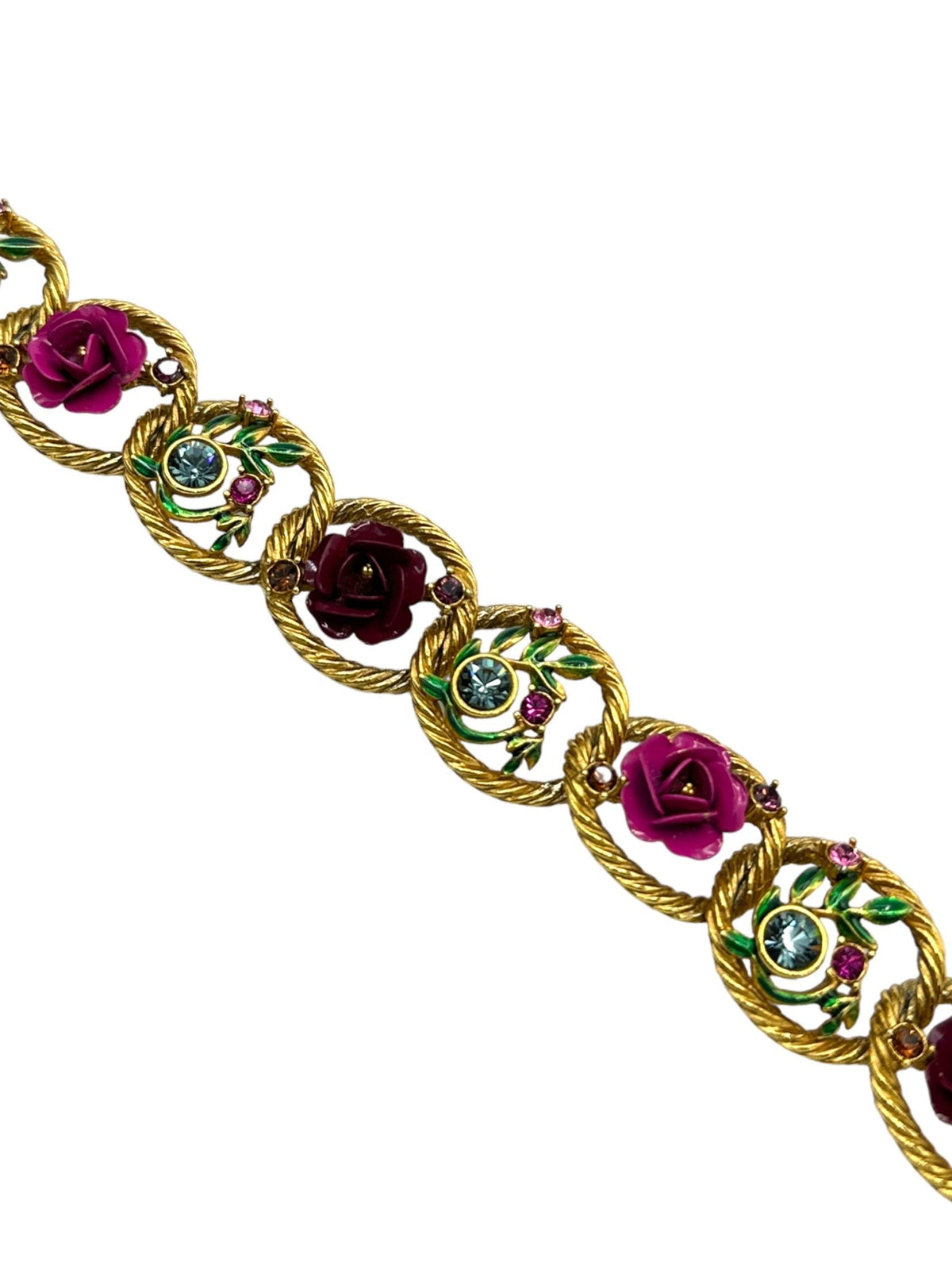 Joan Rivers Flower Gold Link Blue & Pink Rhinestone Bracelet - 24 Wishes Vintage Jewelry
