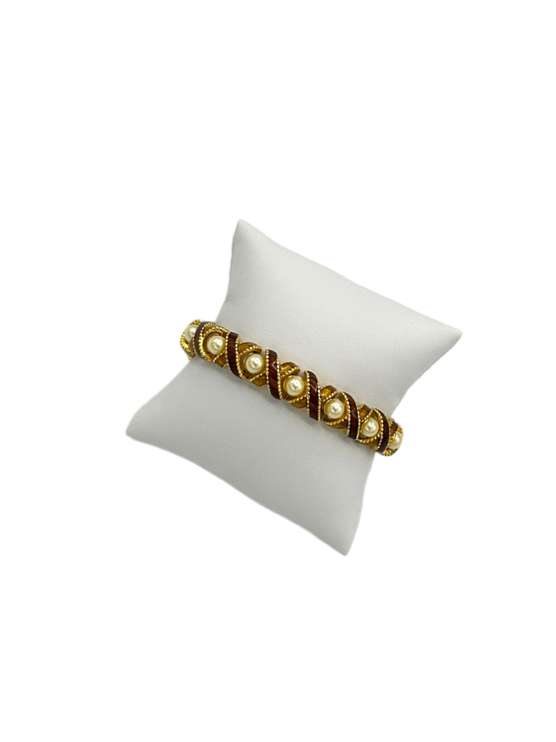 Joan Rivers Gold Brown Enamel X Criss Cross Pearl Stacking Bracelet - 24 Wishes Vintage Jewelry